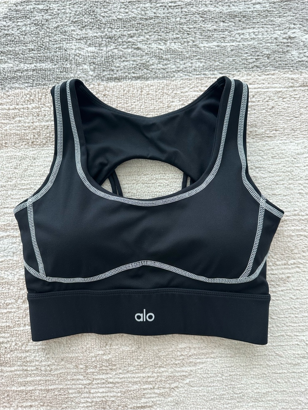 ALO Yoga Black Airlift Suit Up Sports Bra with White Contrast Stitching Size M